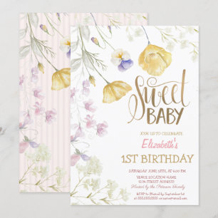 Invitation Aquarelle Fleurs Sauvages Anniversaire Rayé