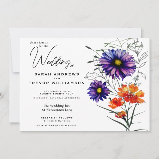 Invitation Aquarelle Fleurs sauvages orange vibrant et violet (Devant)
