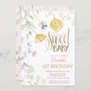 Invitation Aquarelle Fleurs sauvages rayé Anniversaire