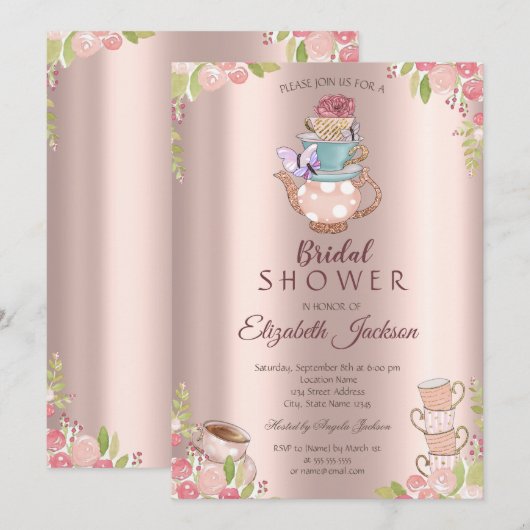 Invitation Aquarelle Fleurs Teapot Rose Fête des mariées or (Devant / Derrière)