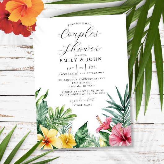 Invitation Aquarelle Fleurs tropicales Couples Douche