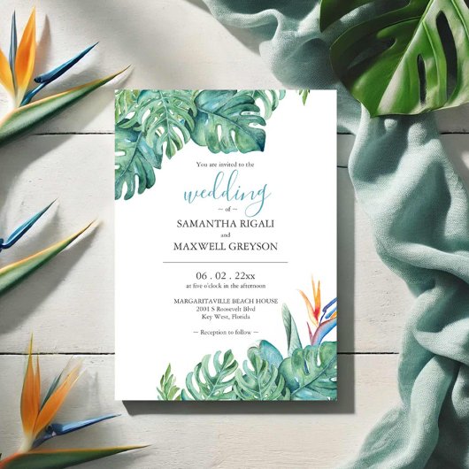 Invitation Aquarelle Fleurs Tropicales et Feuillage Mariage