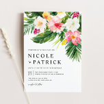 Invitation Aquarelle Fleurs tropicales et Mariage de verdure<br><div class="desc">Invités Invitations à votre mariage avec ce faire-part de mariage tropical personnalisable. Il comprend une guirlande aquarelle d'hibiscus, de plumeria, de feuilles de palmiers et d'autres plantes tropicaux. Personnalisez ce faire-part de mariage aquarelle en ajoutant vos propres détails. Ce faire-part de mariage botanique d'été est parfait pour les mariages de...</div>