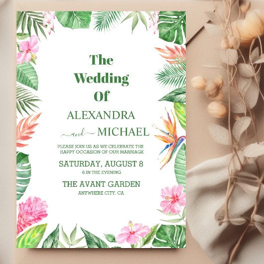 Invitation Aquarelle Fleurs tropicales et Mariage de verdure