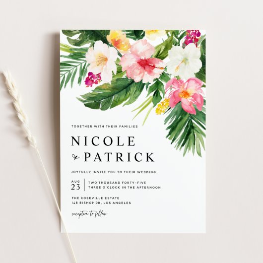 Invitation Aquarelle Fleurs tropicales et Mariage de verdure