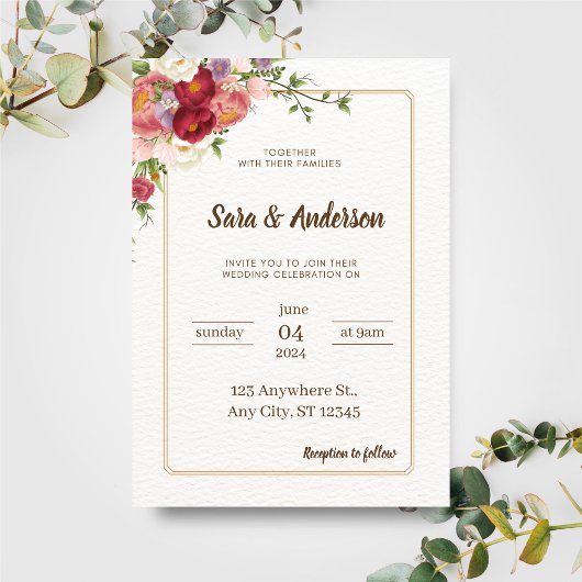 Invitation Aquarelle Fleurs tropicales et Mariage de verdure