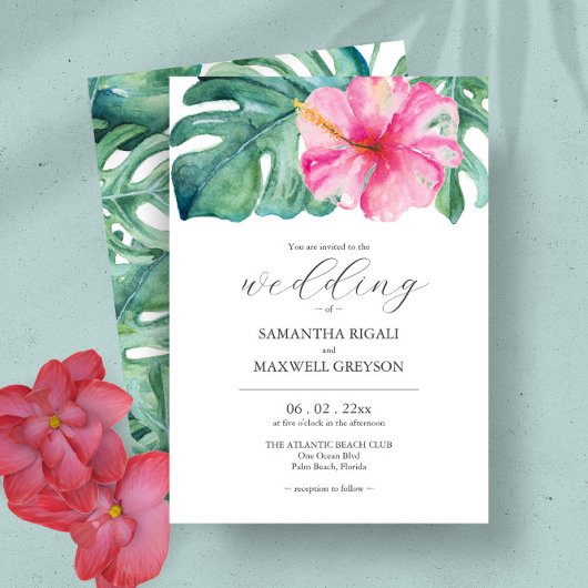 Invitation Aquarelle Fleurs tropicales et Mariage de verdure