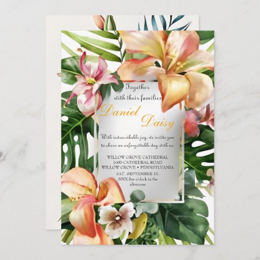 Invitation Aquarelle Fleurs tropicales et Mariage vert I (Devant / Derrière)