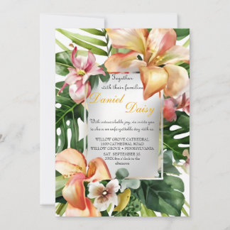 Invitation Aquarelle Fleurs tropicales et Mariage vert I