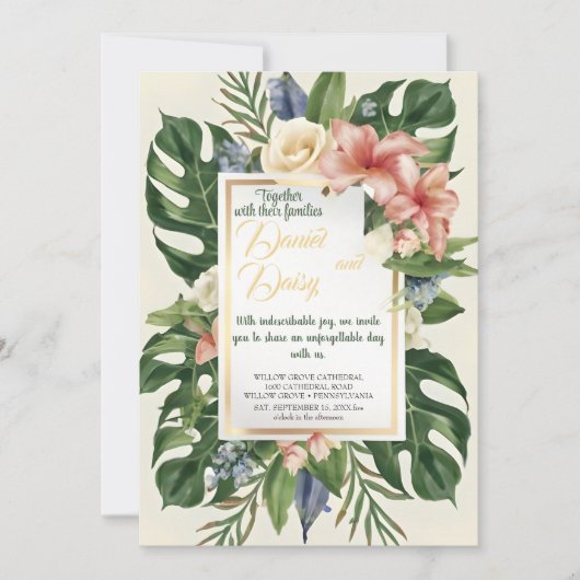 Invitation Aquarelle Fleurs tropicales et Mariage vert I (Devant)