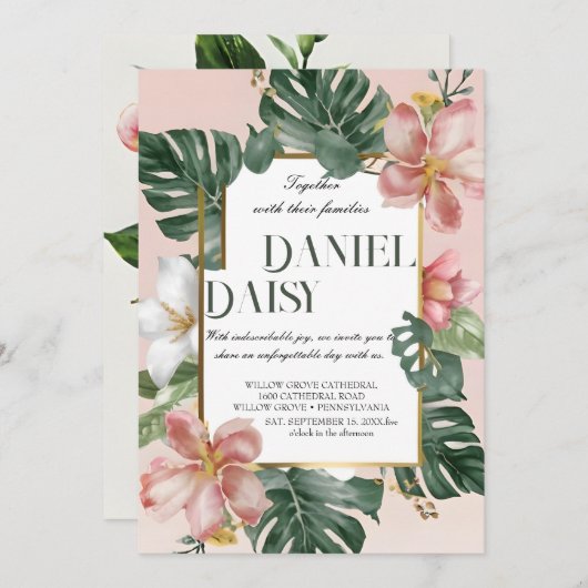 Invitation Aquarelle Fleurs tropicales et Mariage vert I (Devant / Derrière)