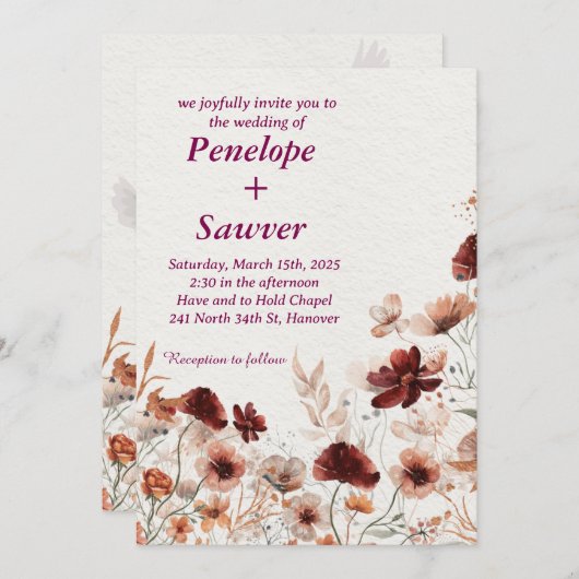 Invitation Aquarelle Fleurs tropicales et Mariage vert I (Devant / Derrière)