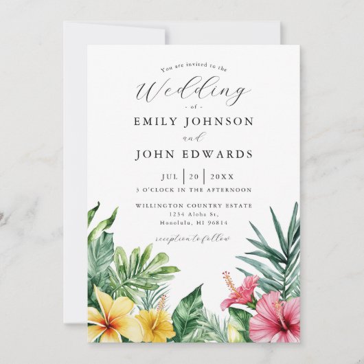 Invitation Aquarelle Fleurs tropicales Photo QR Code Mariage (Devant)