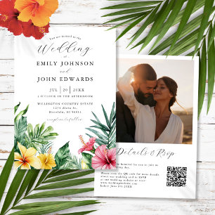 Invitation Aquarelle Fleurs tropicales Photo QR Code Mariage