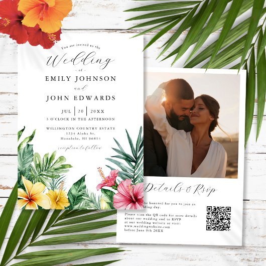 Invitation Aquarelle Fleurs tropicales Photo QR Code Mariage