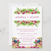 Invitation Aquarelle Fleurs tropicales Toucans Mariage de cad (Devant)