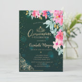 Invitation Aquarelle Fleurs Vert Or Tiara, Quinceañera (Debout devant)
