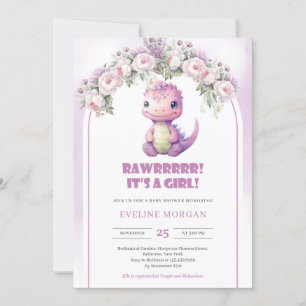 Invitation Aquarelle fleurs violet arche dinosaure fille bébé