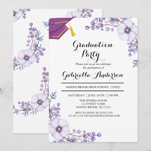 Invitation Aquarelle Fleurs Violettes de Printemps pour la Re (Devant / Derrière)