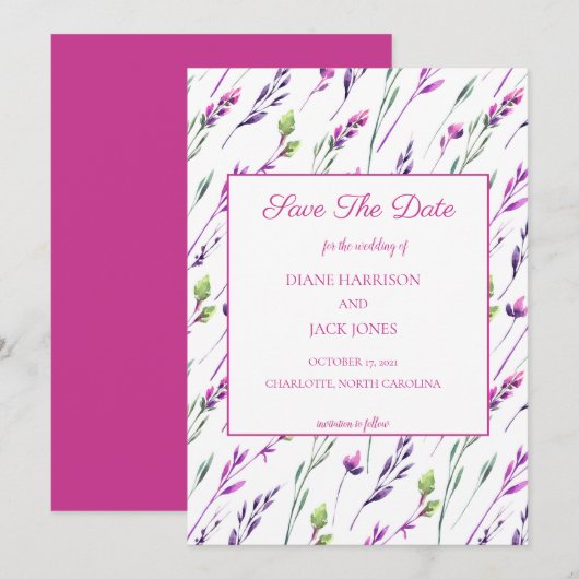 Invitation Aquarelle Fleurs Violettes Save the Date Mariage (Devant / Derrière)