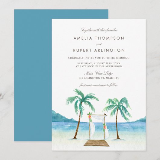Invitation Aquarelle Floral Arbor Plage tropicale Mariage (Devant / Derrière)