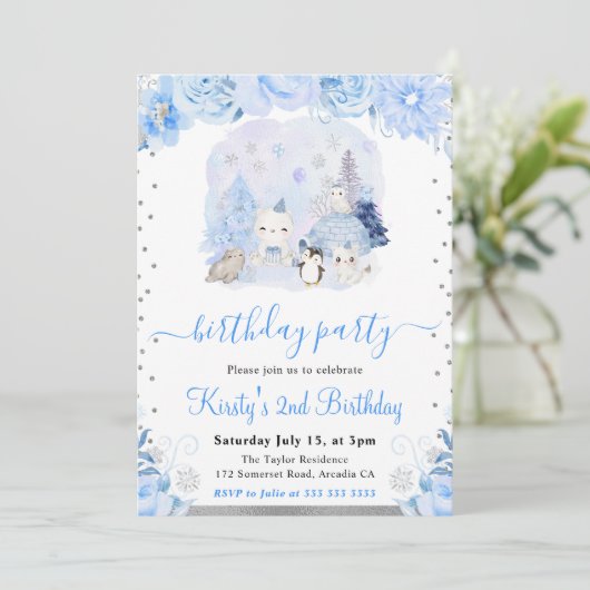 Invitation Aquarelle Floral Arctic Animaux Anniversaires de e (Debout devant)