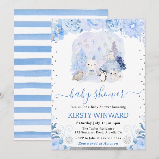 Invitation Aquarelle Floral Arctic Animaux Baby shower (Devant / Derrière)