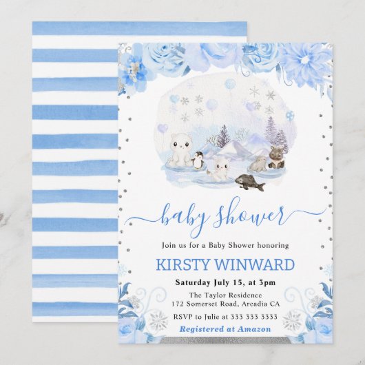 Invitation Aquarelle Floral Arctic Animaux Baby shower (Devant / Derrière)