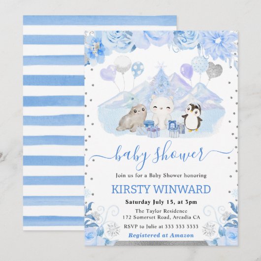 Invitation Aquarelle Floral Arctic Animaux Baby shower (Devant / Derrière)