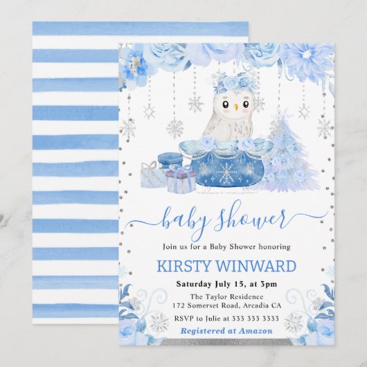 Invitation Aquarelle Floral Arctic Owl Baby shower (Devant / Derrière)