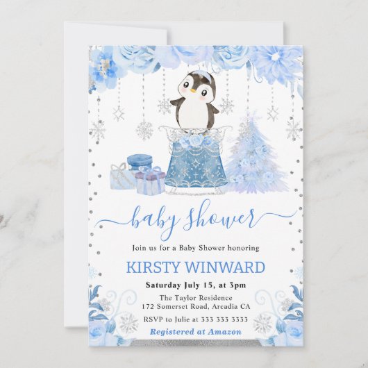 Invitation Aquarelle Floral Arctic Penguin Baby shower (Devant)