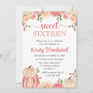 Invitation Aquarelle Floral Automnal Citrouilles Sweet Sixtee
