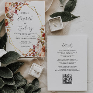 Invitation Aquarelle Floral Automnal Code QR Or Mariage
