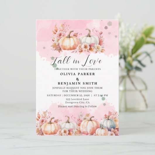 Invitation Aquarelle Floral Automne Citrouille rose Mariage d (Debout devant)