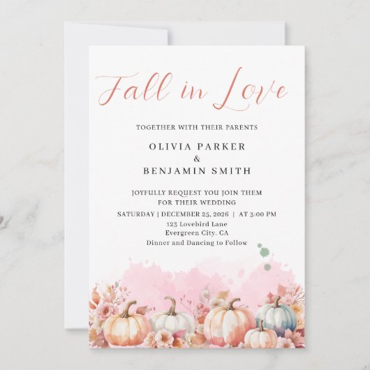 Invitation Aquarelle Floral Automne Citrouille rose Mariage d (Devant)