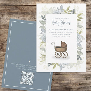 Invitation Aquarelle Floral Baby Blue QR Code Social Media