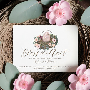 Invitation Aquarelle Floral Baby Girl Bird Nest Baby shower