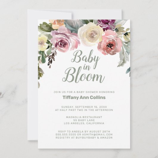 Invitation Aquarelle Floral Baby in Bloom Baby shower (Devant)