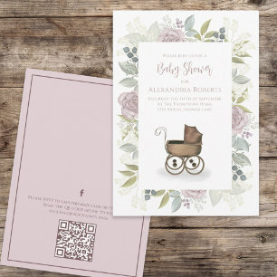 Invitation Aquarelle Floral Baby Rose QR Code Social Media