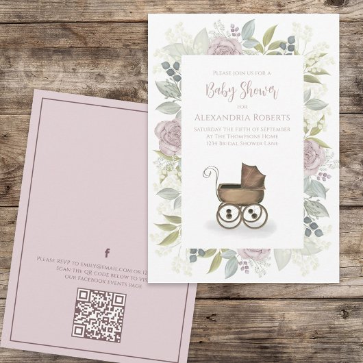 Invitation Aquarelle Floral Baby Rose QR Code Social Media