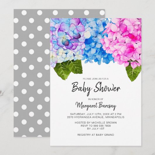 Invitation Aquarelle Floral Baby shower bleu rose (Devant / Derrière)