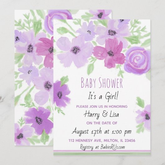Invitation Aquarelle Floral Baby shower de fille (Devant / Derrière)
