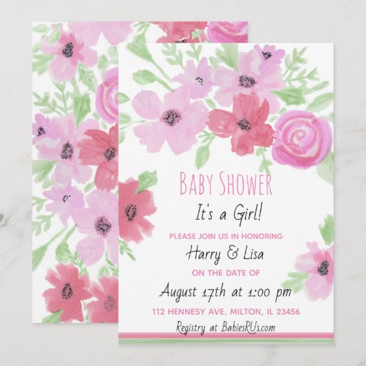 Invitation Aquarelle Floral Baby shower de fille (Devant / Derrière)
