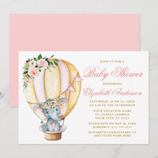 Invitation Aquarelle Floral Balloon Elephant Baby shower (Devant / Derrière)