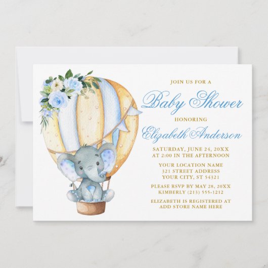 Invitation Aquarelle Floral Balloon Elephant Baby shower (Devant)
