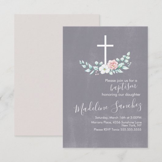 Invitation Aquarelle Floral Baptême Cross Baby Dedication (Devant / Derrière)