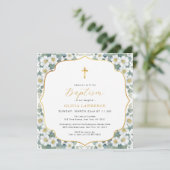 Invitation Aquarelle Floral Baptism Gold Cross (Debout devant)