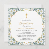 Invitation Aquarelle Floral Baptism Gold Cross (Devant)