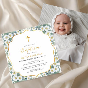 Invitation Aquarelle Floral Baptism Gold Cross