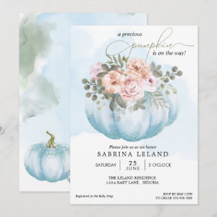 Invitation Aquarelle Floral Bébé Bleu Baby shower Citrouille